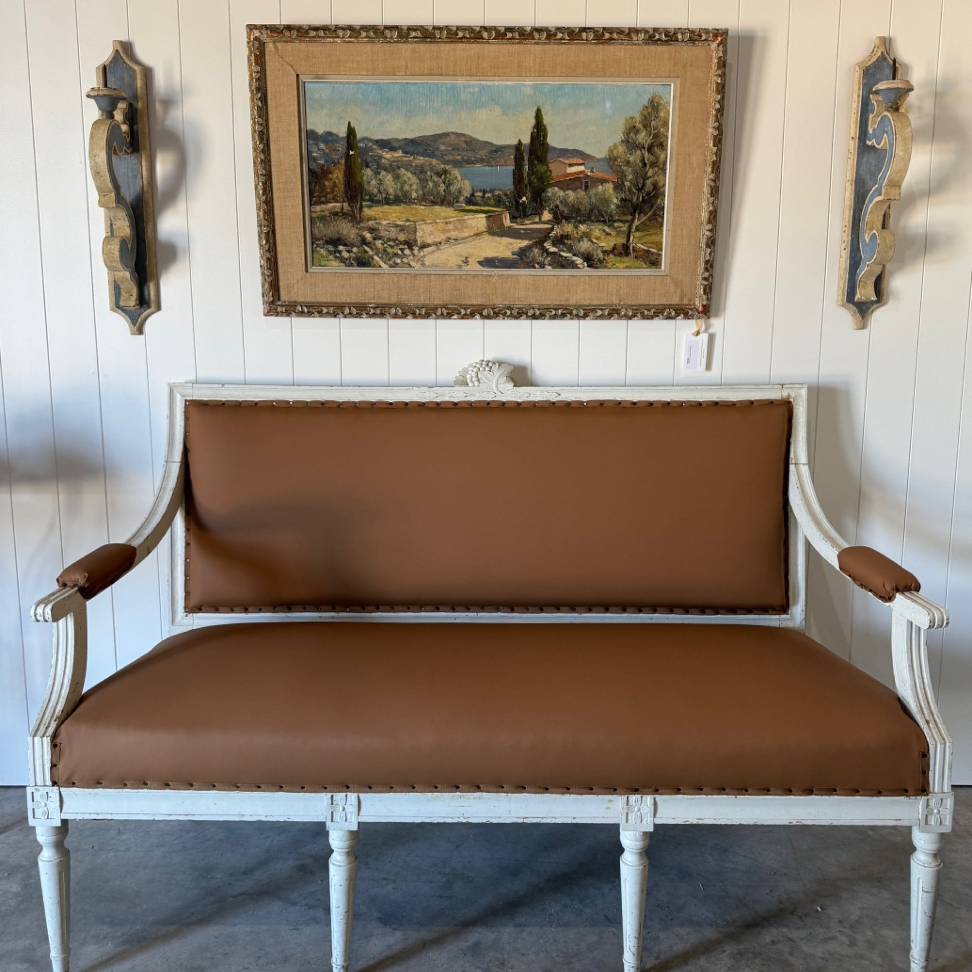 Antique Swedish Settee Updated in Tobacco Leather