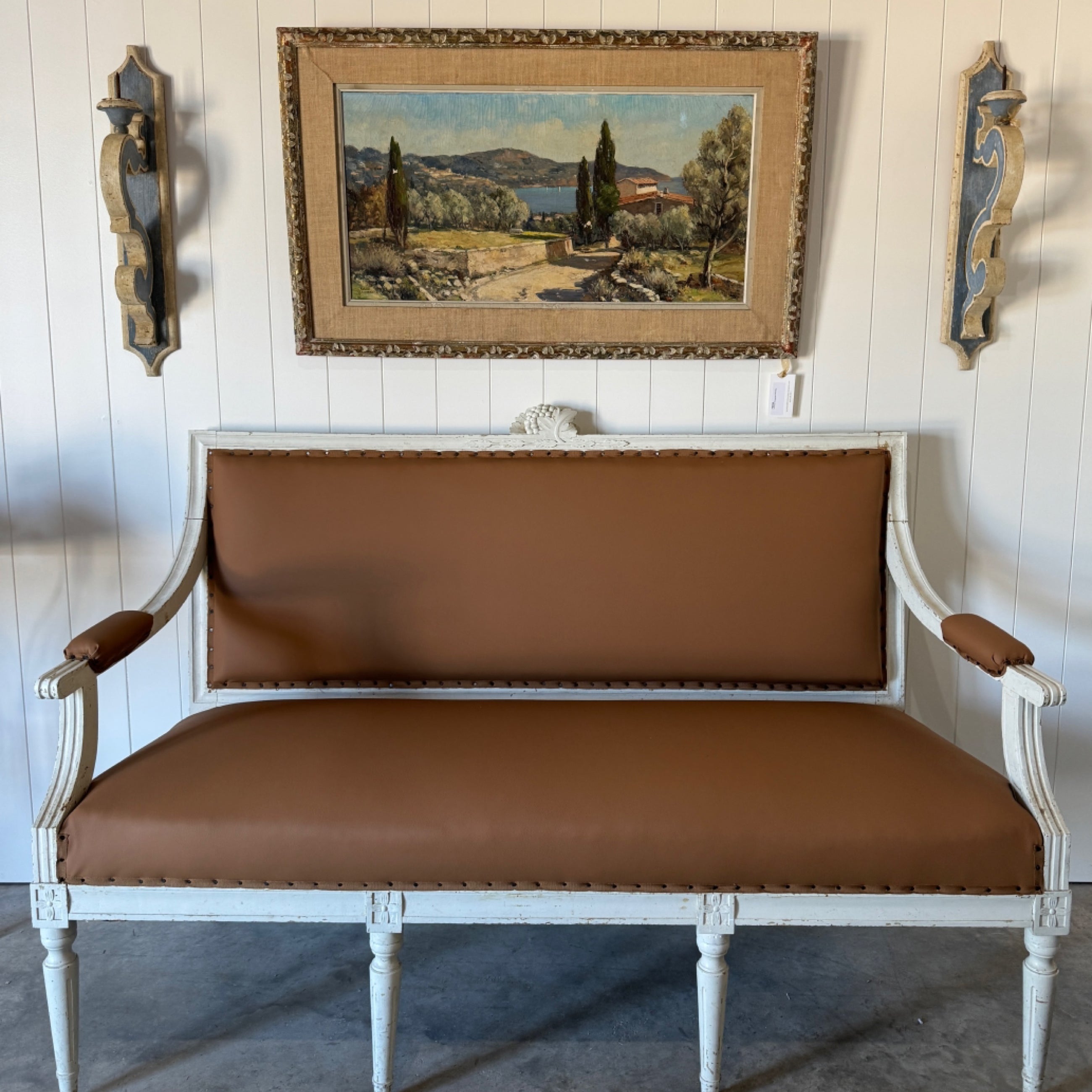 Antique Swedish Settee Updated in Tobacco Leather