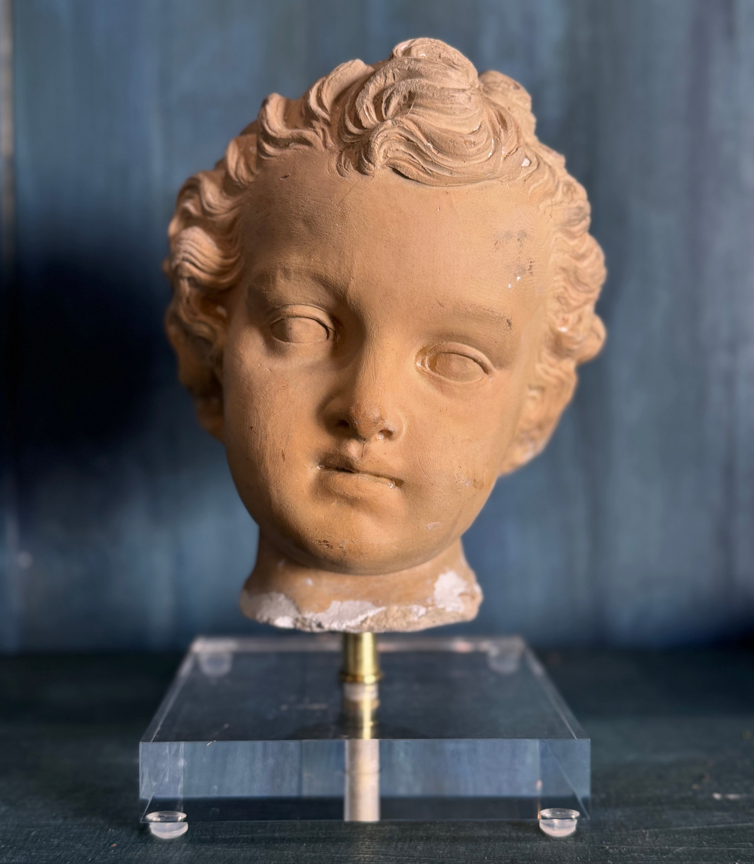 Antique French Terracotta Bust Fragment Mounted on Acrylic Base