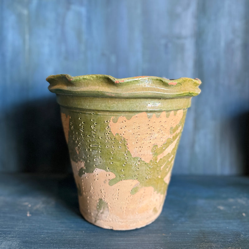 Vintage Scalloped Terracotta Pot with Green Glazed Detail