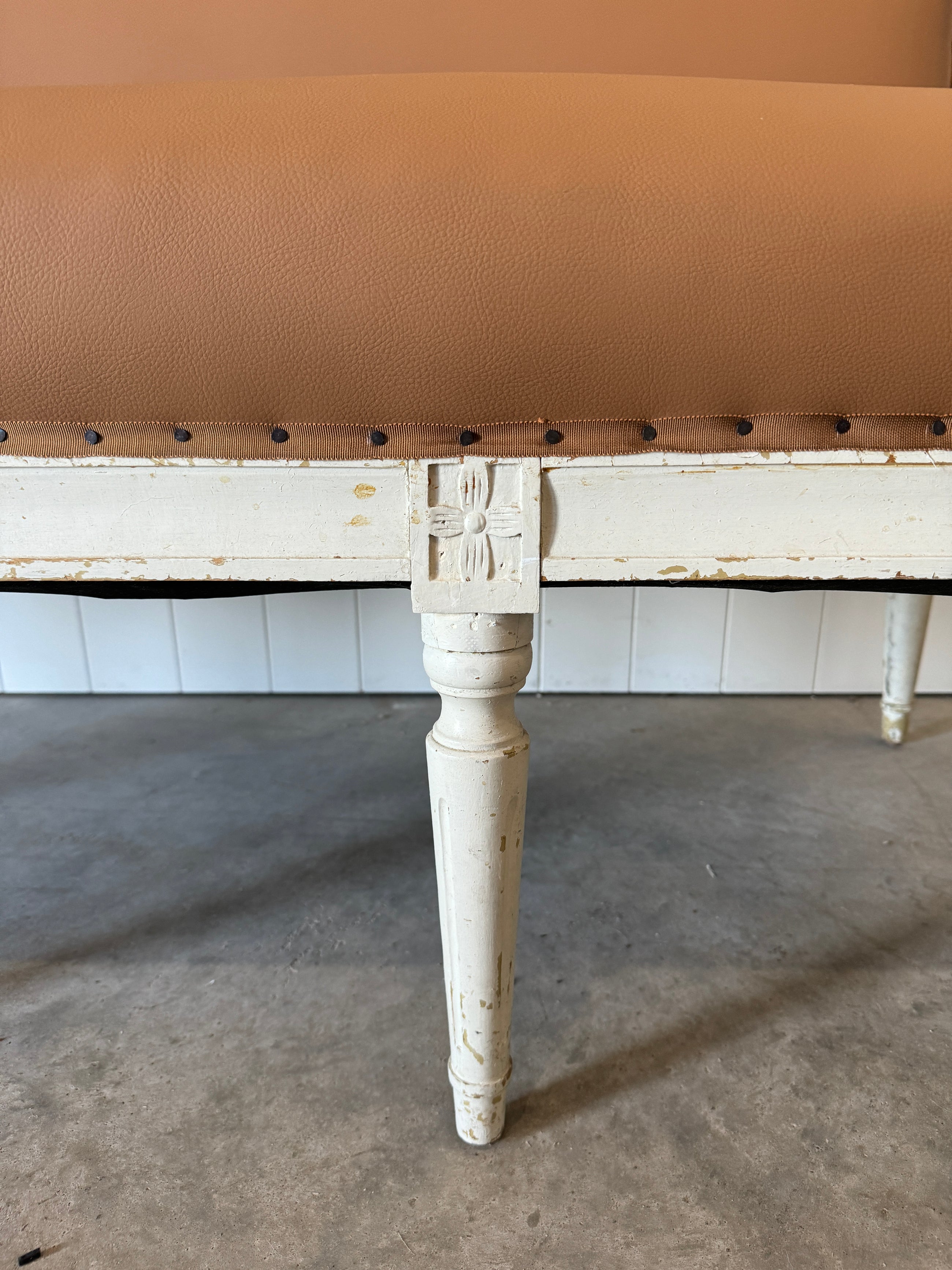 Antique Swedish Settee Updated in Tobacco Leather