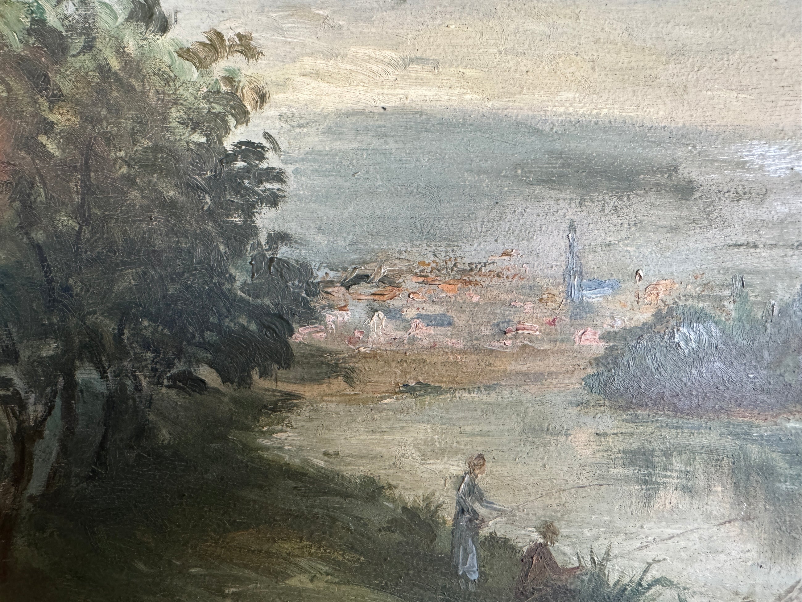 Antique Fishing Landscape Painting 9.75"H x 12"W
