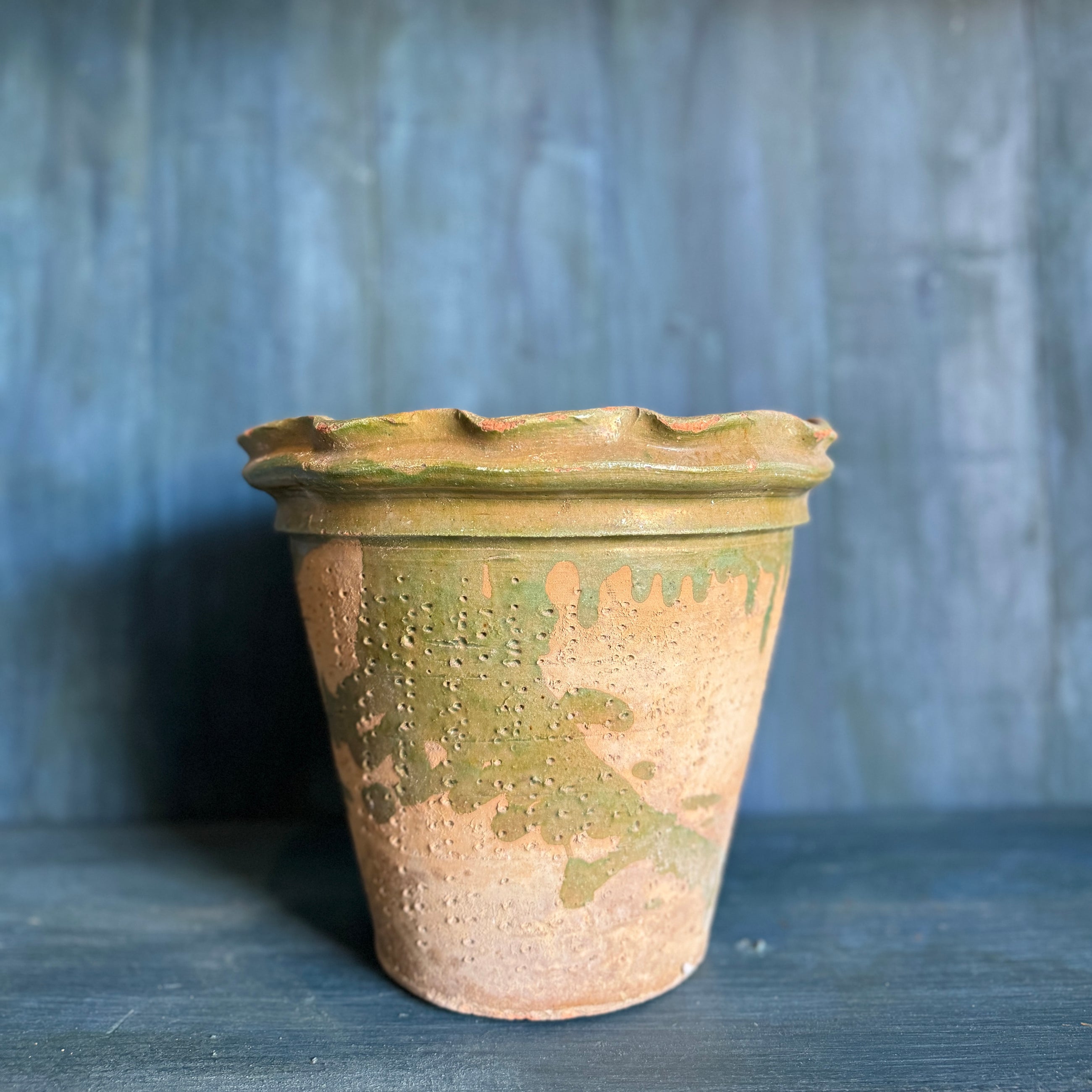 Vintage Scalloped Terracotta Pot with Green Glazed Detail