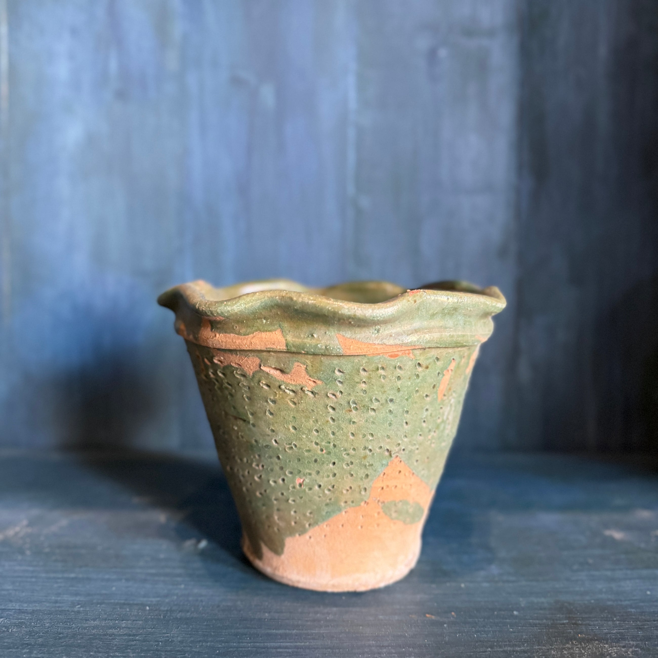 Vintage Scalloped Terracotta Pot with Green Glazed Detail