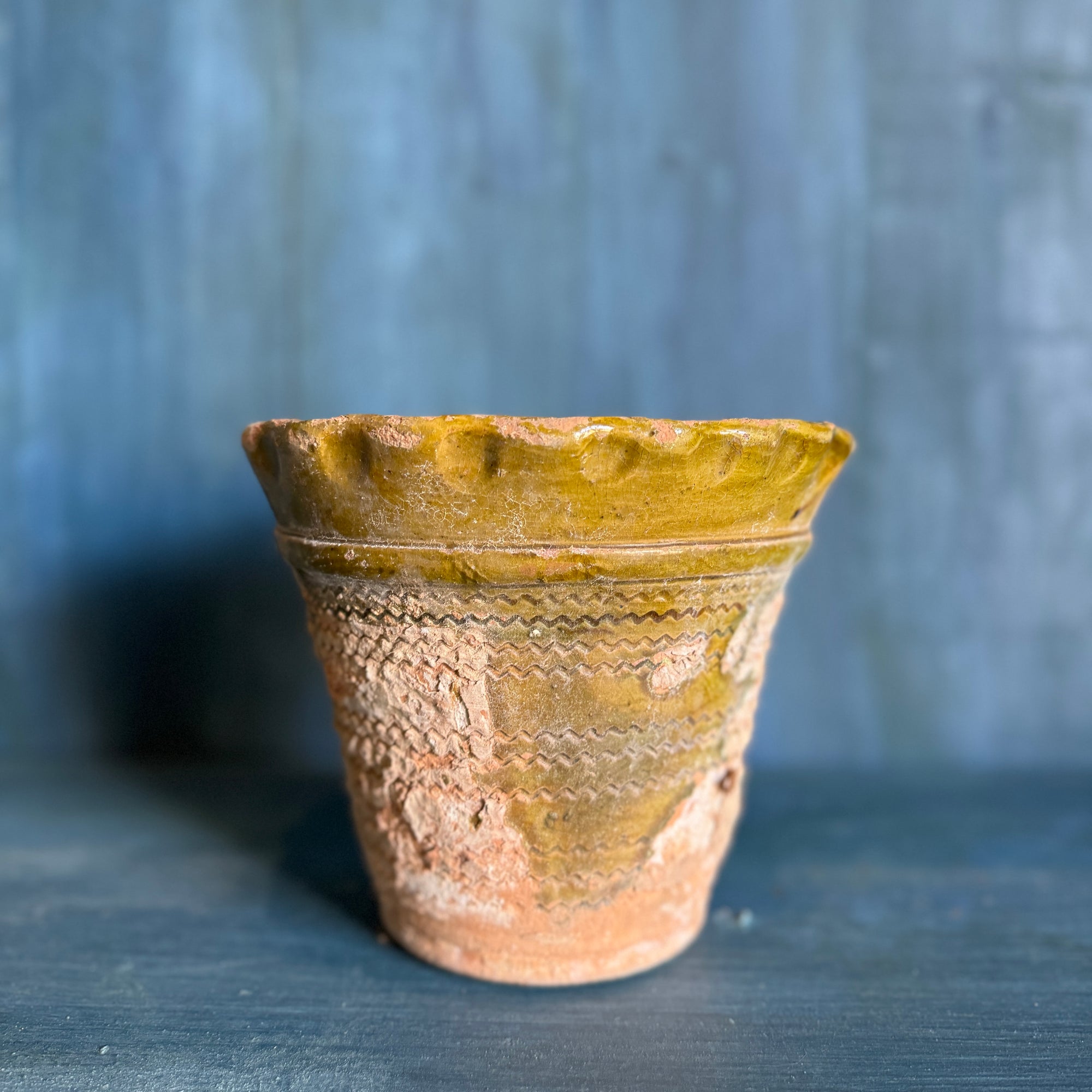 Vintage Scalloped Terracotta Pot with Green Glazed Detail